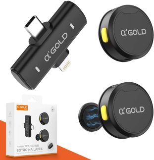 Microfone de Lapela Sem Fio Bluetooth Kit 2 Microfonones Abafamento de Ruído Até 10 Horas Tempo de Trabalho Compatível com Camera, iPhone, Android, PC - Conexão Android e USB-C - Linha AGold Premium