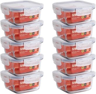 Mozcada - Kit 10 Potes de Vidro Marmita 380ml Hermético com Trava Quadrado