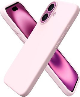 ORNARTO Compatível com 16 capas de 6,1 polegadas, capa protetora fina de silicone líquido 3 camadas de borracha de gel macio com forro de microfibra antiarranhões - rosa giz