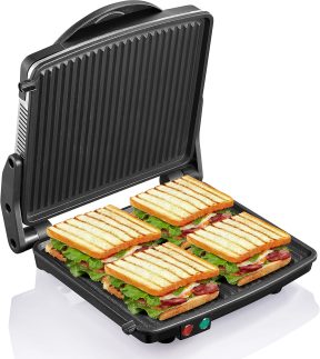 Panini Press Grill, Yabano Gourmet Sandwich Maker Placas revestidas antiaderentes 28 x 24 cm, abre 180 graus para se ajustar a qualquer tipo ou tamanho de alimento, superfície de aço inoxidável e bandeja de gotejamento removível, 4 fatias