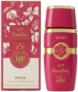 Perfume Árabe Feminino Doces Arabic Collection A033 25ml Eau de Parfum Doce Frutado Gourmand com Baunilha e Âmbar Inspiração Olfativa Candy Mini Perfume Importado