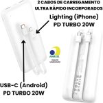 Power Bank 10000 mAh, Carregador Portátil Turbo 20W, Cabo Tipo C e iPhone Embutido, Botão Liga e Desliga, Entrada USB e Tipo C, Tecnologia Power Delivery, Carregamento Super Rápido - MAX-0542