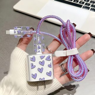 Protetor de cabo espiral, adaptador de cabo de carregador para iPhone 18 W/20 W, acessórios fofos para enrolar fios, roxo