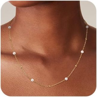 RWQIAN Colar de pérolas banhadas a ouro, colares de pérolas delicadas em camadas para mulheres, corrente fina moderna com pingente de pérola simples, gargantilha de aniversário, casamento, presente de
