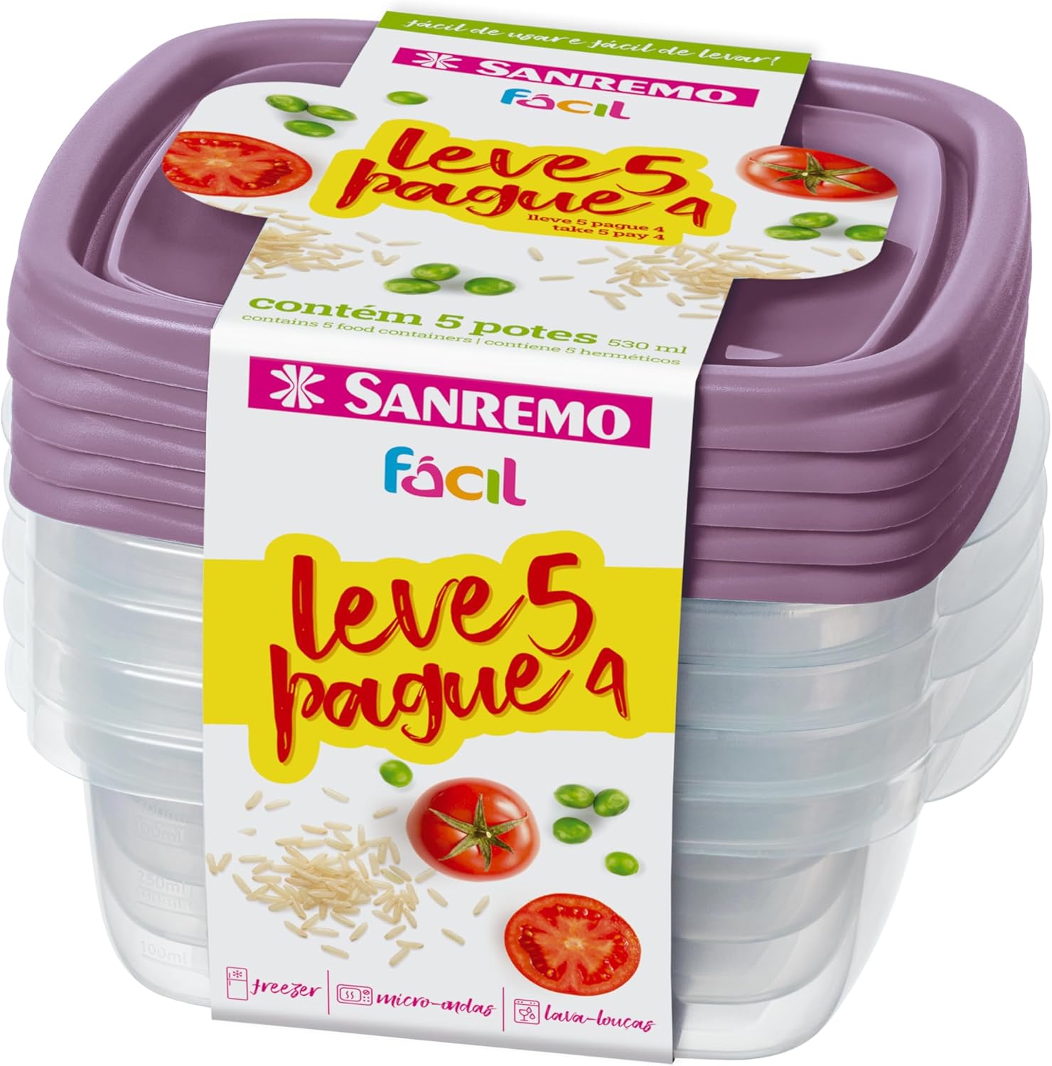 Sanremo-Conjunto-de-5-Potes-Plastico-Hermetico-de-530.jpg Sanremo - Conjunto de 5 Potes Plástico Hermético de 530 ml, Linha Fácil