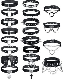 Sasylvia Conjunto de 20 gargantilhas de couro punk gótico em massa gótico para mulheres ajustáveis em couro PU preto gótico cravejado de rocha colares rebite spike fantasia de Halloween acessórios