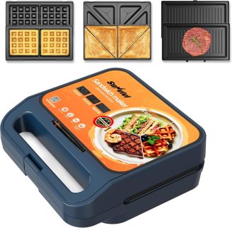 Sunvivi Sanduicheira 3 em 1, máquina de waffle elétrica com placas antiaderentes removíveis, grelha Panini de 1000 W com tampa de vidro, alça de toque legal e fácil de limpar, azul
