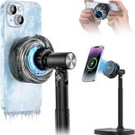 Ulanzi SK-10 Suporte magnético 3 em 1 para celular com ventilador de resfriamento e carregador sem fio para iPhone, suporte de mesa de telefone ajustável em altura semicondutora, ventilador de