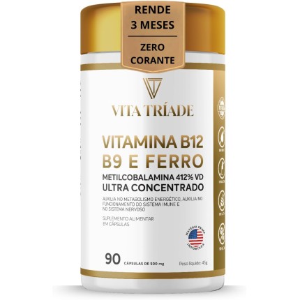 Vitamina b12 Metilcobalamina 412% 9,9mcg + Acido Fólico 150% + ferro 100% - 90 Cáps - Vita Tríade