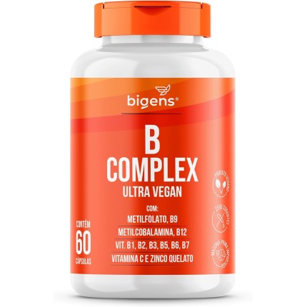 Vitaminas do Complexo B, Vegano, MetilFolato, Metil B12, B1, B2, B3, B5, B6, B7, C, Zinco, 60 capsulas, Bigens