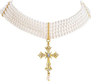 WOWORAMA Colar gótico com cruz de pérolas em camadas para mulheres, colares vintage punk gótico, cruz, pérolas, gargantilhas, gargantilhas, Halloween, Natal, joias góticas