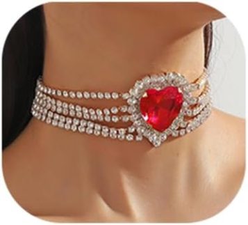Wekicici Gargantilha de coração com strass brilhante, colar com pingente de cristal vermelho, corrente de amor, acessórios para mulheres, festa de casamento, formatura, Free Size, Plástico, Sem Pedra