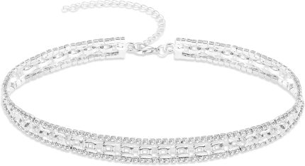 eartif Colar de gargantilha feminina com strass de cristal de prata brilhante, colar trançado, zircão cúbico, diamante, gargantilha para formatura, casamento, acessórios de joias, free size, Cobre