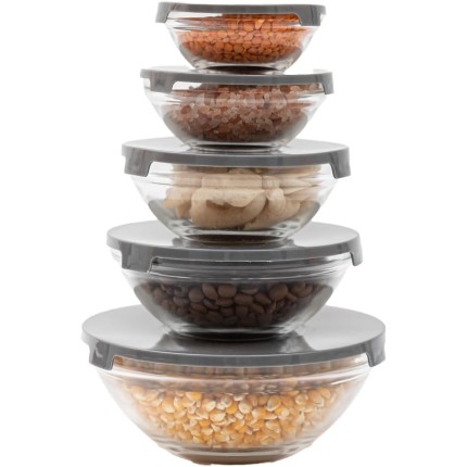 kit 5 potes de vidro com tampa de plástico empilháveis redondos bowls - Tud Cinza