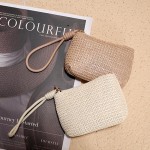 Bolsa feminina de palha de tecido – pequena bolsa de moedas e porta-cartão, carteira boho chique para dinheiro e cartões., Caqui - Imagem 3