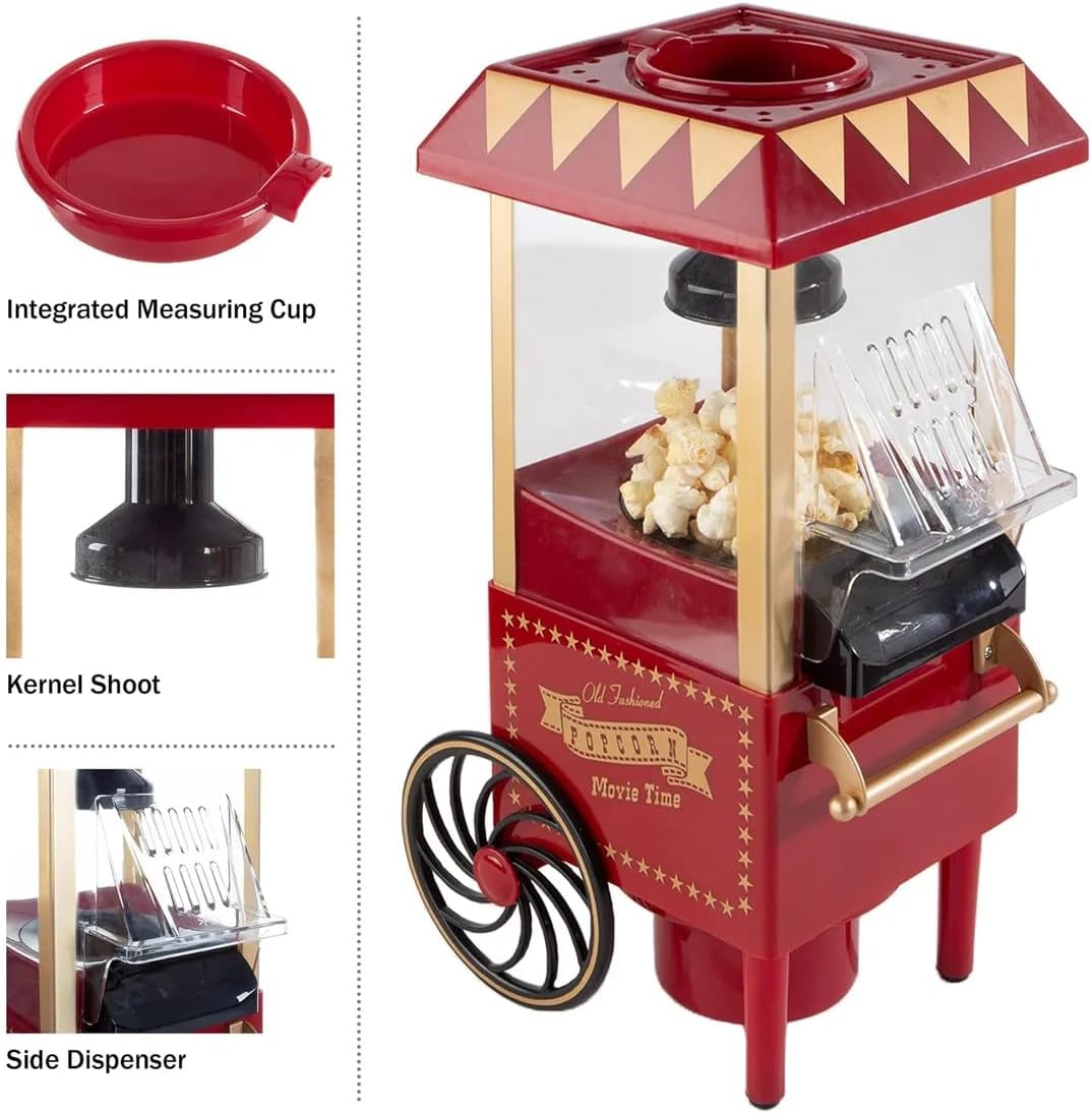 Pipoqueira Elétrica Máquina de Pipoca Retrô Vintage, Carrinho Decorativo em Vermelho e Dourado, Estilo Cinema Clássico Nostalgia Sem Óleo - Imagem 7