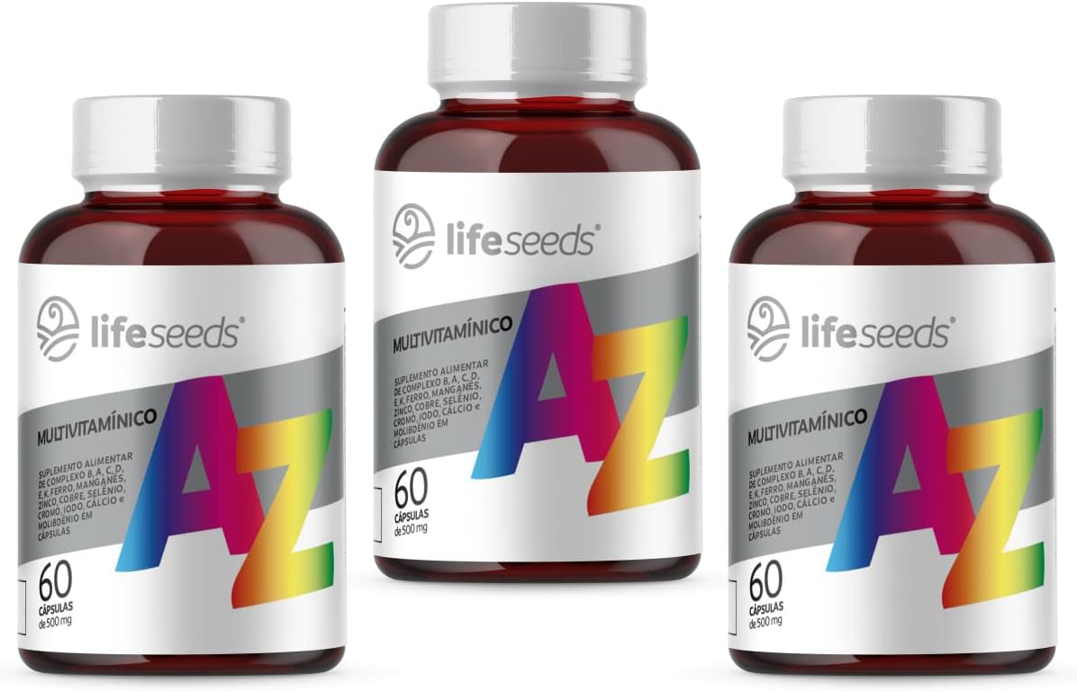 1773253637_Multivitaminico-A-Z-Vitaminas-A-C-D3-E-K2-Complexo.jpg Multivitamínico A-Z - Vitaminas A, C, D3, E, K2, Complexo B, Cálcio, Cobre, Cromo, Ferro, Iodo, Manganês, Molibdênio, Selênio e Zinco - 3 Potes - 180 Cápsulas