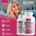 Kit 2 Biotina + Puro Nutrition Pele, Cabelo e Unhas, 45 mcg de Biotina por dose, Vitaminas B1, B2, B3, B5, B6, B9 e B12, 60 Cápsulas por Pote - Imagem 4