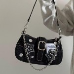 Esta pequena bolsa feminina em estilo Y2K apresenta bordados de estrelas, material jeans, corrente metálica e um estilo gótico,Bolsas femininas - Imagem 5