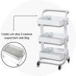 Carrinho Organizador Multiuso 3 Prateleiras Com Rodinhas 360° (Branco) - Imagem 4