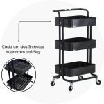 Carrinho Organizador Multiuso 3 Prateleiras Com Rodinhas 360° (Preto) - Imagem 4