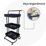 Carrinho Organizador Multiuso 3 Prateleiras Com Rodinhas 360° (Preto) - Imagem 5