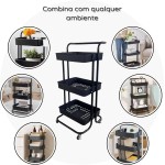 Carrinho Organizador Multiuso 3 Prateleiras Com Rodinhas 360° (Preto) - Imagem 8