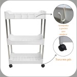 Armário Carrinho Organizador 3 Prateleiras Com Rodinhas Multiuso Fruteira Cozinha Banheiro Lavanderia Quarto - Imagem 3