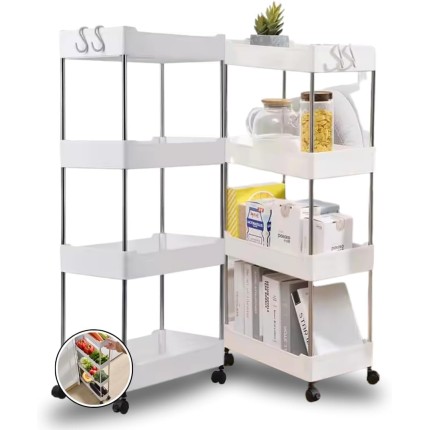 Carrinho Organizador Multiuso Slim com 4 Prateleiras e Rodinhas - Plástico Resistente - Para Cozinha, Banheiro, Salão, Escritório ou Manicure