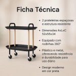 Carrinho de Serviço com Rodas 360°, 2 Prateleiras, Design Moderno Preto, Estrutura em Plástico e Metal, 52x55x34 cm - Imagem 3