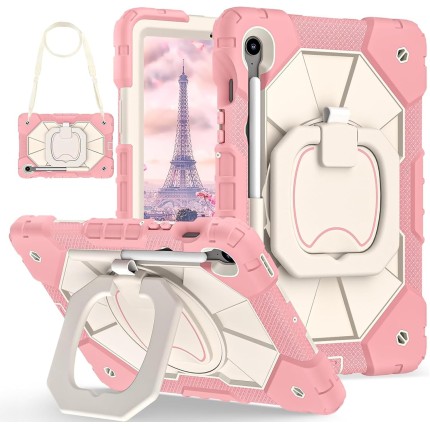 Capa para Samsung Galaxy Tab S10 Lite / S10 FE / S9 FE 10,9 Polegadas com Possui Compartimento para Caneta, Alça de Ombro e Suporte Traseiro Que Gira 360° (Rosa)
