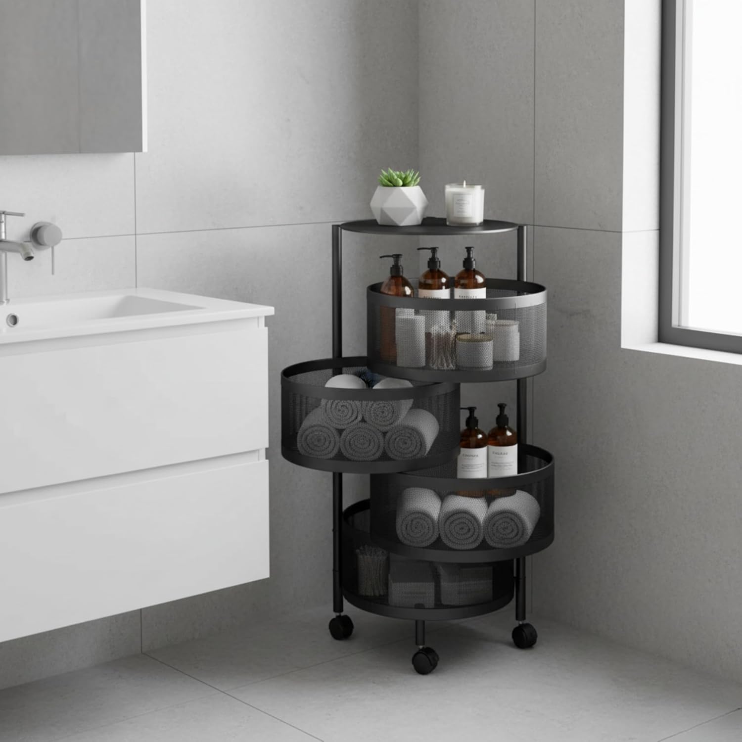 Carrinho Organizador Multiuso 4 Andares 30x30x75 Redondo Fruteira em Aço Inox - Cestos Giratórios, Rodas com Trava, Montagem Rápida, Para Cozinha, Banheiro e Escritório - Imagem 3