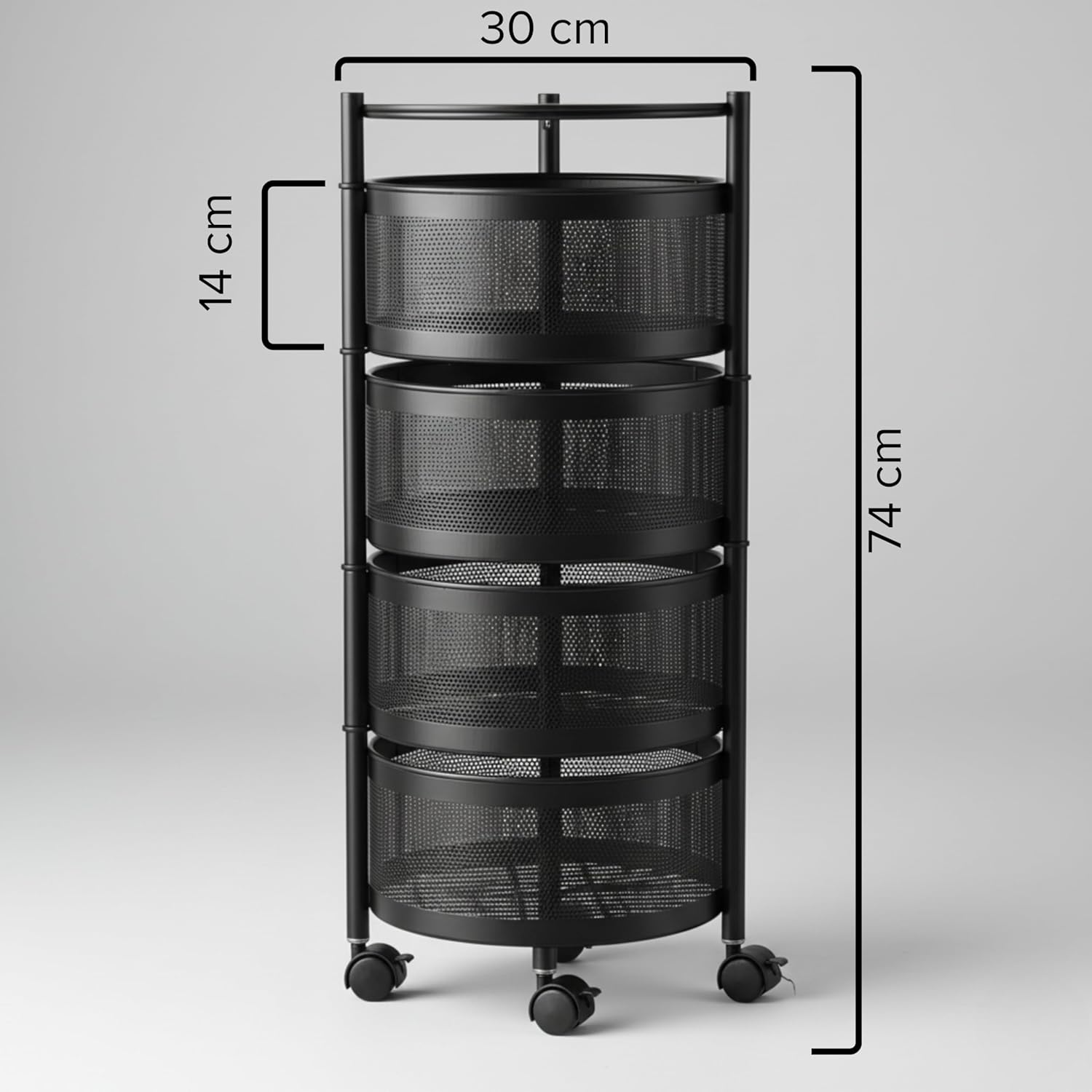 Carrinho Organizador Multiuso 4 Andares 30x30x75 Redondo Fruteira em Aço Inox - Cestos Giratórios, Rodas com Trava, Montagem Rápida, Para Cozinha, Banheiro e Escritório - Imagem 5