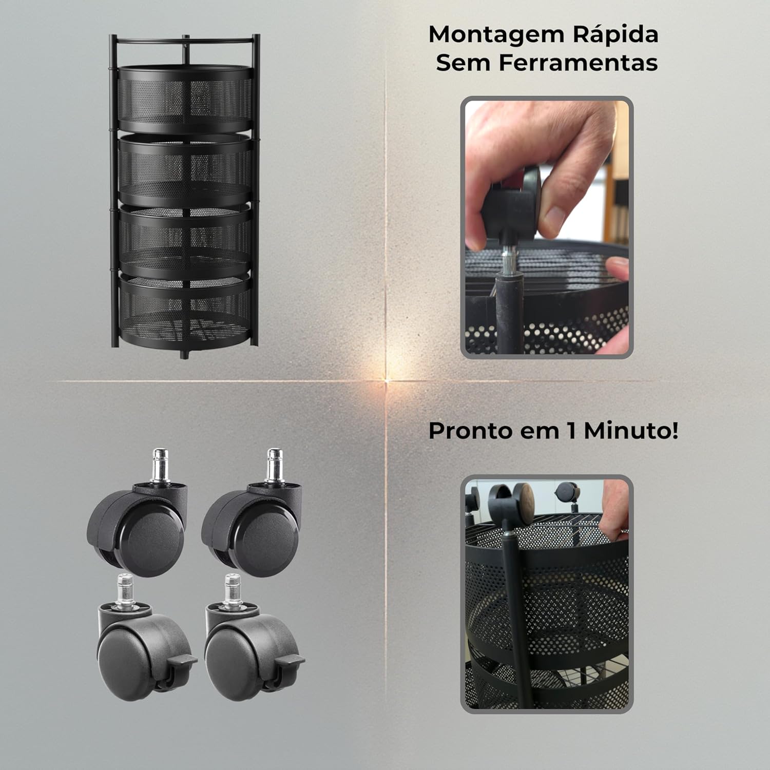 Carrinho Organizador Multiuso 4 Andares 30x30x75 Redondo Fruteira em Aço Inox - Cestos Giratórios, Rodas com Trava, Montagem Rápida, Para Cozinha, Banheiro e Escritório - Imagem 7