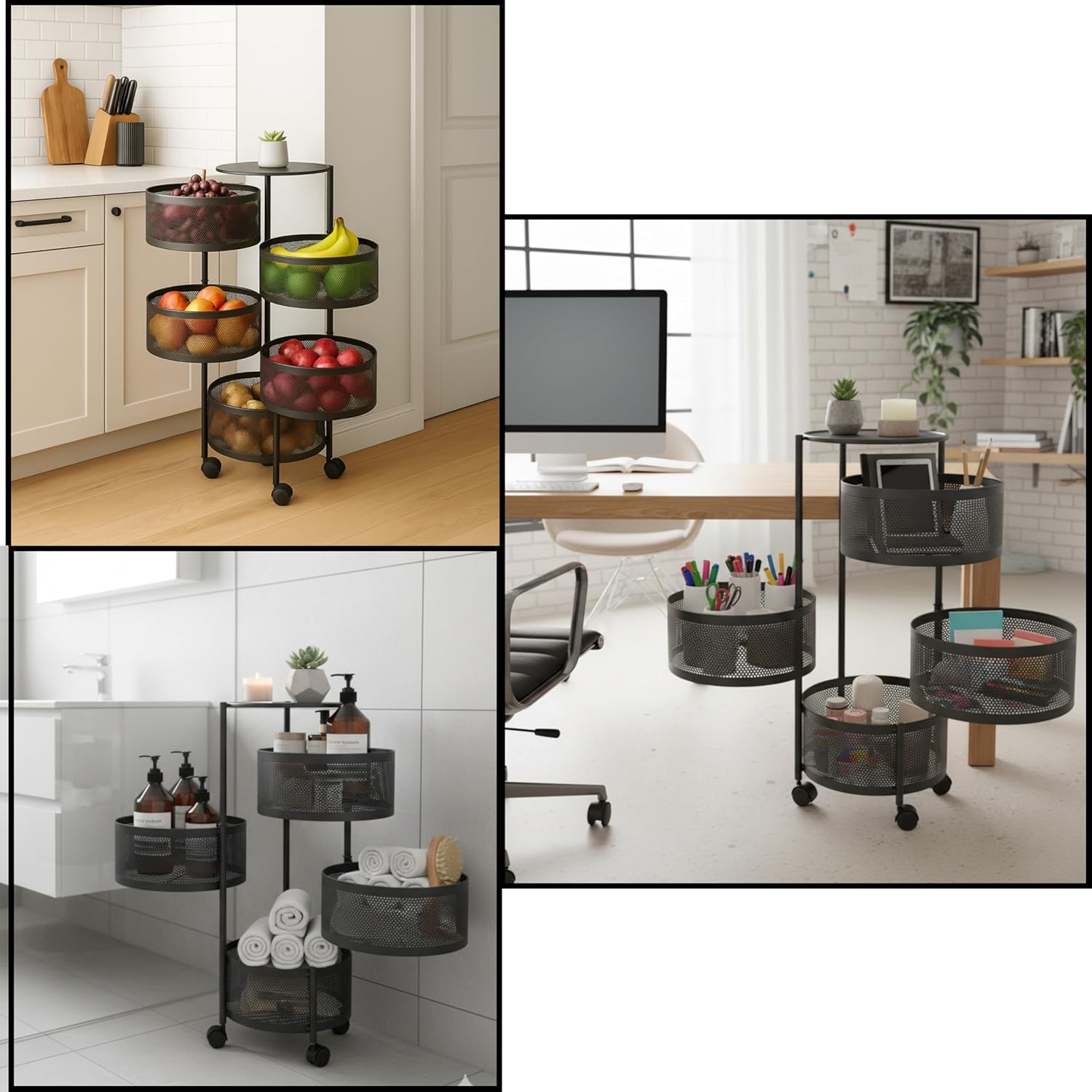 Carrinho Organizador Multiuso 4 Andares 30x30x75 Redondo Fruteira em Aço Inox - Cestos Giratórios, Rodas com Trava, Montagem Rápida, Para Cozinha, Banheiro e Escritório - Imagem 9