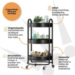 Carrinho Organizador de Metal Multiuso 3 Prateleiras Com Rodinhas Redondo Auxiliar Estética Manicure Salão Escritório Lavanderia - Imagem 3