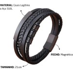 Pulseira Masculina Modern Style Preta de Couro Legítimo com Aço Inoxidável 316L, Fecho Magnético, Tamanho Ajustável 21cm – Estilo e Qualidade – Acompanha Bolsa de Veludo - Imagem 3