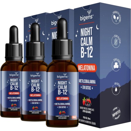 Night Calm B12: Melatonina e Vitamina B12 em gotas, com Sabor Frutas Vermelhas, Unidade 30 ml, Bigens. (Kit 3)