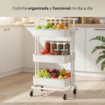 Carrinho Organizador Multiuso 3 Prateleiras com Rodinhas – Estante Fruteira de Metal para Cozinha, Banheiro, Escritório e Lavanderia (Branco) - Imagem 4