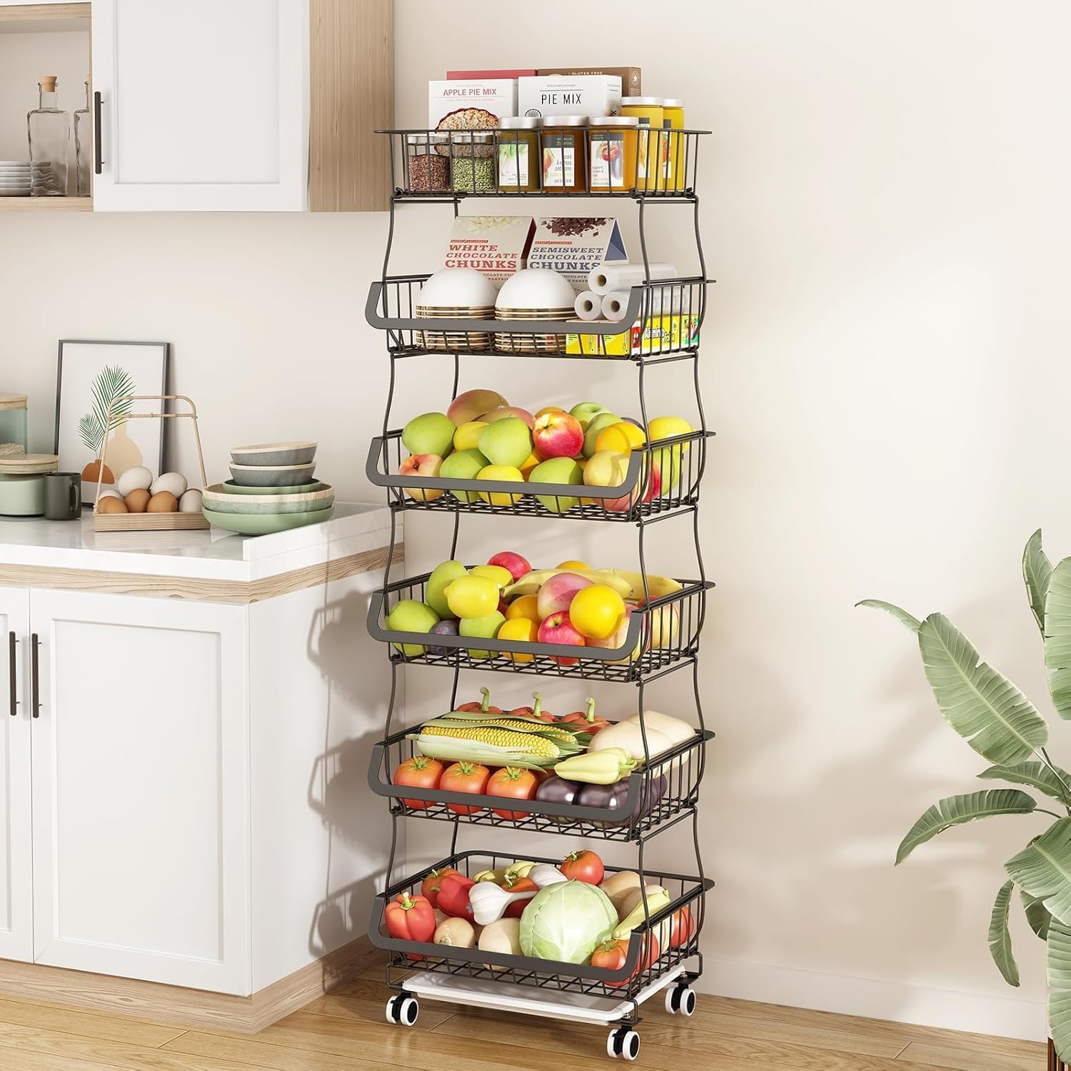 1774928535_Fruteira-De-Chao-Cozinha-6-Cestos-de-Armazenamento-de-Frutas.jpg Fruteira De Chão Cozinha 6 Cestos de Armazenamento de Frutas e Verduras, Carrinho Organizador 6 Níveis com Rodas de Bloqueio para Cebolas Batatas Cor Preta