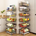 Fruteira De Chão Cozinha 6 Cestos de Armazenamento de Frutas e Verduras, Carrinho Organizador 6 Níveis com Rodas de Bloqueio para Cebolas Batatas Cor Preta - Imagem 6