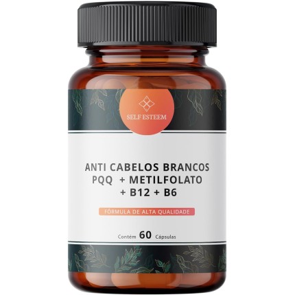 Anti Cabelos Brancos PQQ 10mg + Metilfolato 5000mcg + B12 1000mcg + B6 15mg 60 Cápsulas