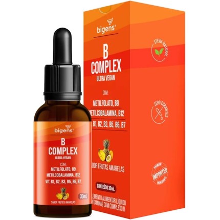 B Complex Ultra Vegan, Vitaminas do Complexo B em Gotas Sublingual, Sabor Frutas Amarelas, 30ml, Bigens