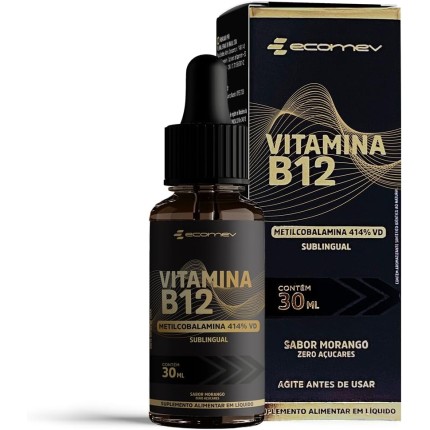 B12 Metilcobalamina 414% VD - Gotas Sublingual Vegana 30ml - Sabor Morango - Ecomev