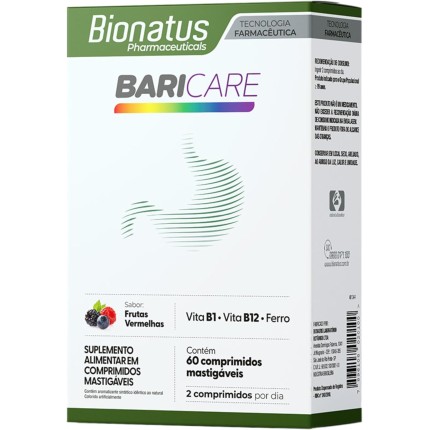 Bionatus, BariCare, Comprimidos mastigáveis, Suplemento alimentar, Vitamina B1 1,2mg + Ácido Fólico 400mcg DFE + Vitamina B12 2,4mcg + Cobre 900mcg Ferro 14mg, 60 comprimidos • 60 doses, Branco
