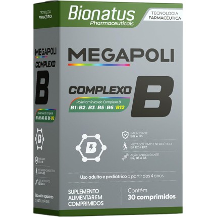 Bionatus, Megapoli Complexo B, Suplemento alimentar, Vitamina B1 1,6mg + Vitamina B2 1,73mg + Vitamina B3 21,3mg + Vitamina B5 5,64mg + Vitamina B6 1,73mg + Vitamina B12 3,2mcg, 30 cápsulas • 30 doses, Cinza