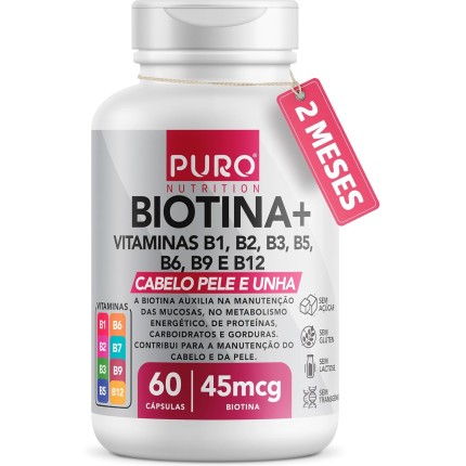 Biotina + Puro Nutrition Pele, Cabelo e Unhas, 45 mcg de Biotina por dose, Vitaminas B1, B2, B3, B5, B6, B9 e B12, 60 Cápsulas