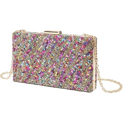 Bolsa Clutch Festa Feminina Full Diamond Com Pedras Coloridas Mão Ombro Transversal Com Correntes Removíveis