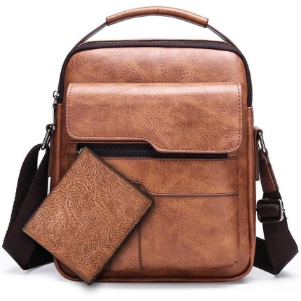 Bolsa Masculina Transversal couro PU + Carteira