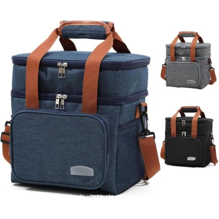 Bolsa Térmica Dupla Compartimento com Alça Ajustável, Azul Marinho com Detalhes Marrom, Múltiplos Bolsos
